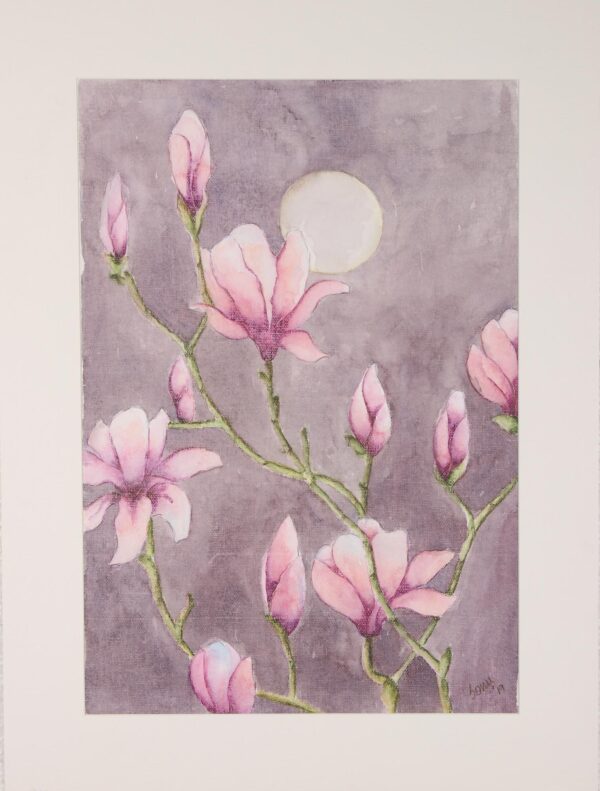 Signed Pink Magnolia Painting from India, 'Magnolia in Moonlight' Signed Pink Magnolia Painting from India, 'Magnolia in Moonlight'