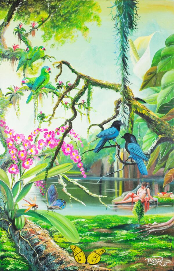 Signed Realist Painting of Blue Jays from Guatemala, 'Bushy-Crested Jays' Signed Realist Painting of Blue Jays from Guatemala, 'Bushy-Crested Jays'