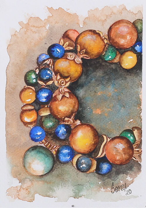 Signed Stretched Impressionist Watercolor Painting of Gems, 'Crystal Charms'