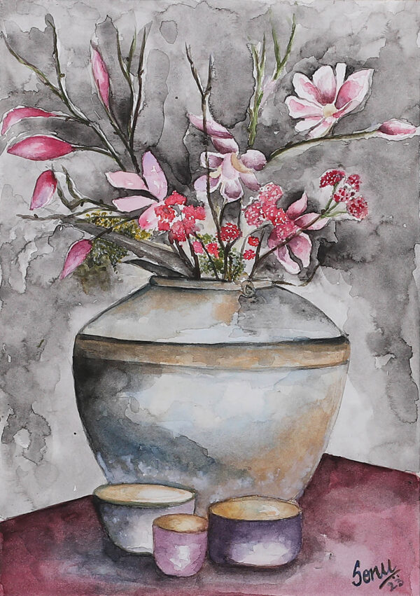 Signed Stretched Impressionist Watercolor Painting of Vase, 'Ceramics'