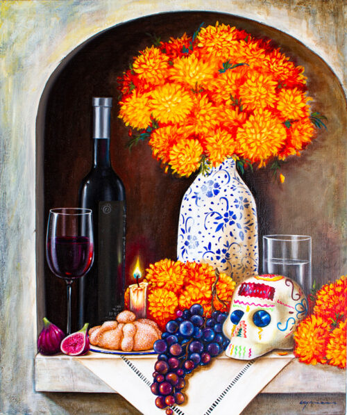 Signed Stretched Oil Still Life Painting from Mexico, 'Offering'