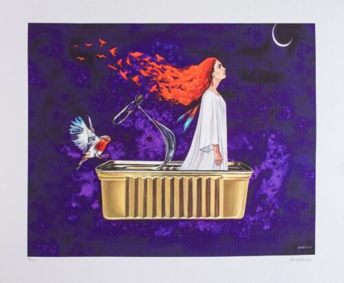 Signed Surrealist Print of a Girl in a Tin Can from Mexico, 'Bird of Fire'