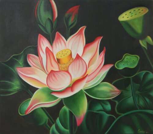 Signed Unstretched Impressionist Oil Painting of Lotus Bloom, 'Lotus Pond'