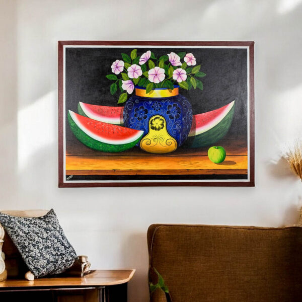 Still Life Painting of Watermelon and Flowers Guatemala Art, 'Flowers and Watermelon'