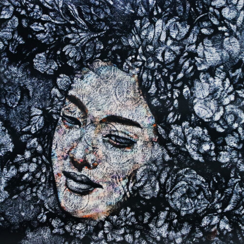 Stretched Acrylic Painting of Woman with Floral Background, 'Embrace of Loneliness II'