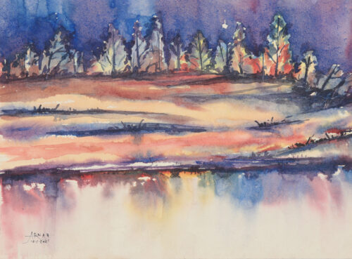 Watercolor Landscape on Handmade Paper, 'Reflection of Nature'