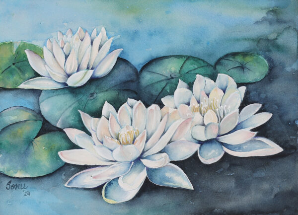 Watercolor on Paper Painting of a Pond with Lotus Flowers, 'Whispers of the Lotus Pond'