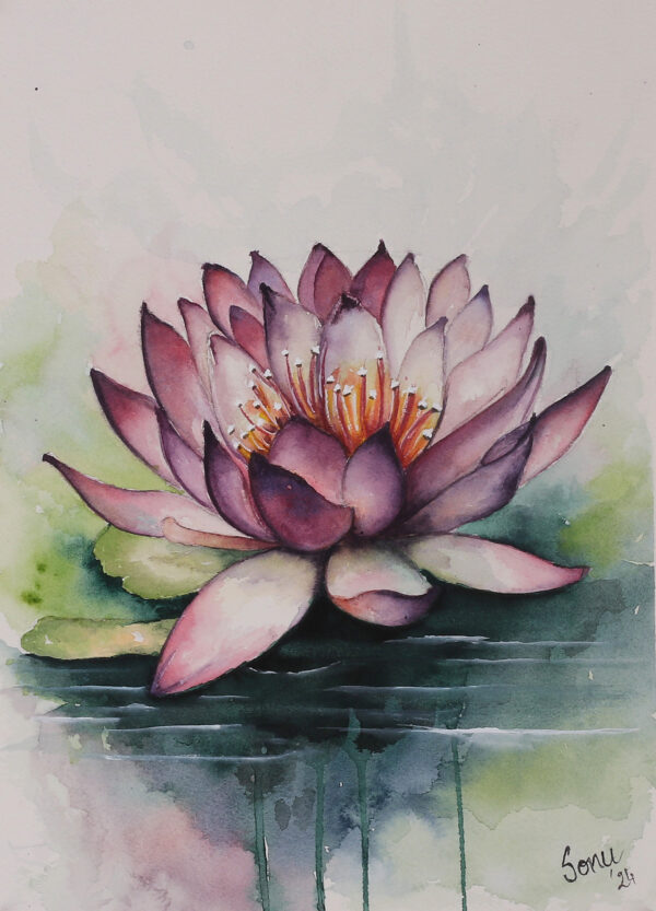 Watercolor on Paper Still Life Painting of a Lotus Flower, 'Lotus Awakening' Watercolor on Paper Still Life Painting of a Lotus Flower, 'Lotus Awakening'