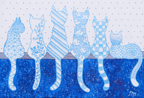 Whimsical Cat-Themed Acrylic Painting in Blue and White, 'Blue Cat with Friends' Whimsical Cat-Themed Acrylic Painting in Blue and White, 'Blue Cat with Friends'