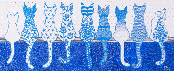 Whimsical Cat-Themed Acrylic Painting in Blue and White Hues, 'White-Blue Cat' Whimsical Cat-Themed Acrylic Painting in Blue and White Hues, 'White-Blue Cat'