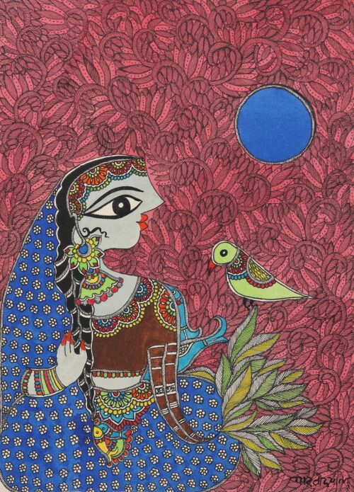 Woman & Bird Madhubani Painting on Handmade Paper from India, 'Conversation with A Bird' Woman & Bird Madhubani Painting on Handmade Paper from India, 'Conversation with A Bird'