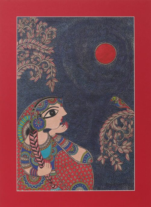 Woman & Bird Madhubani Painting on Handmade Paper from India, 'Conversation with A Bird II' Woman & Bird Madhubani Painting on Handmade Paper from India, 'Conversation with A Bird II'