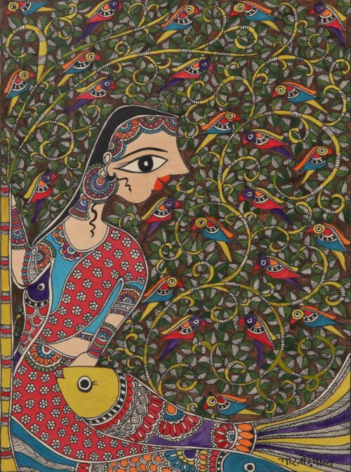 Woman & Bird Madhubani Painting on Handmade Paper from India, 'Talking with Nature' Woman & Bird Madhubani Painting on Handmade Paper from India, 'Talking with Nature'