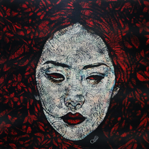 Woman with Red Floral Background Stretched Acrylic Painting, 'Embrace of Loneliness I'