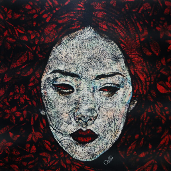 Woman with Red Floral Background Stretched Acrylic Painting, 'Embrace of Loneliness I' Woman with Red Floral Background Stretched Acrylic Painting, 'Embrace of Loneliness I'