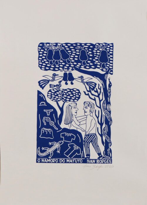 Young Lovers Blue and White Brazilian Woodcut Print, 'Country Courtship'