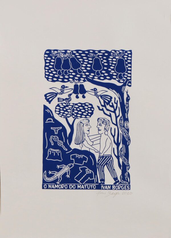 Young Lovers Blue and White Brazilian Woodcut Print, 'Country Courtship'